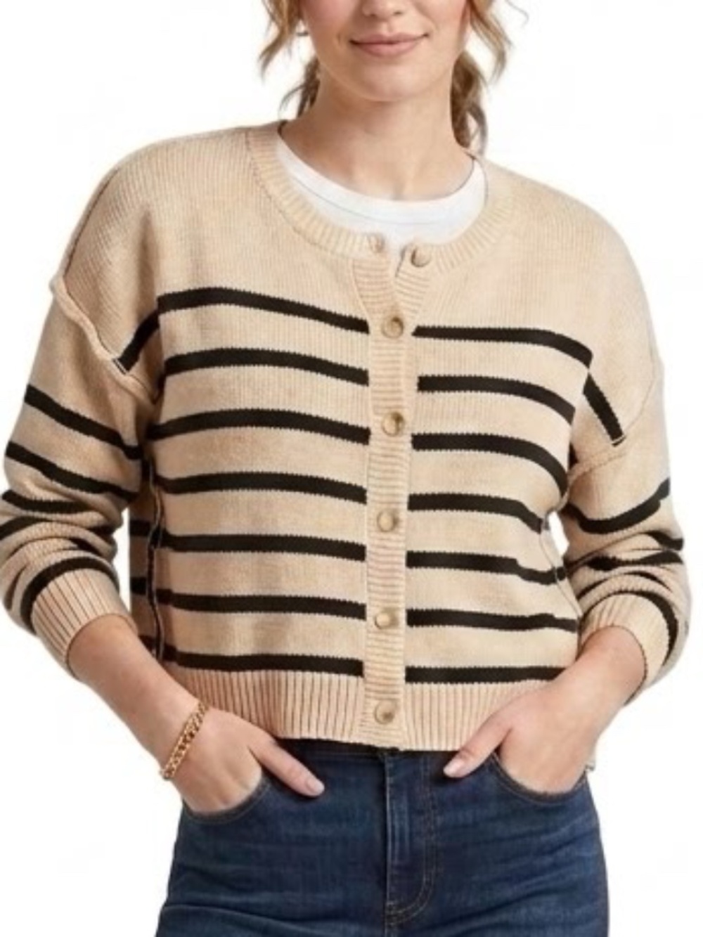 Lulus Mika Beige Black Striped Boxy Cropped Button Up Cardigan Sweater Sz M